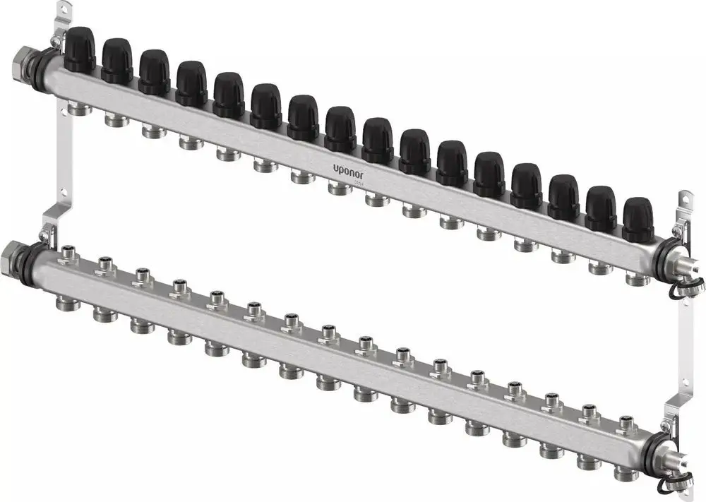 Uponor Verteiler mit zwei Reihen, ausgestattet mit mehreren Anschlüssen für die Wasserverteilung, montiert mit Halterungen an der Seite.